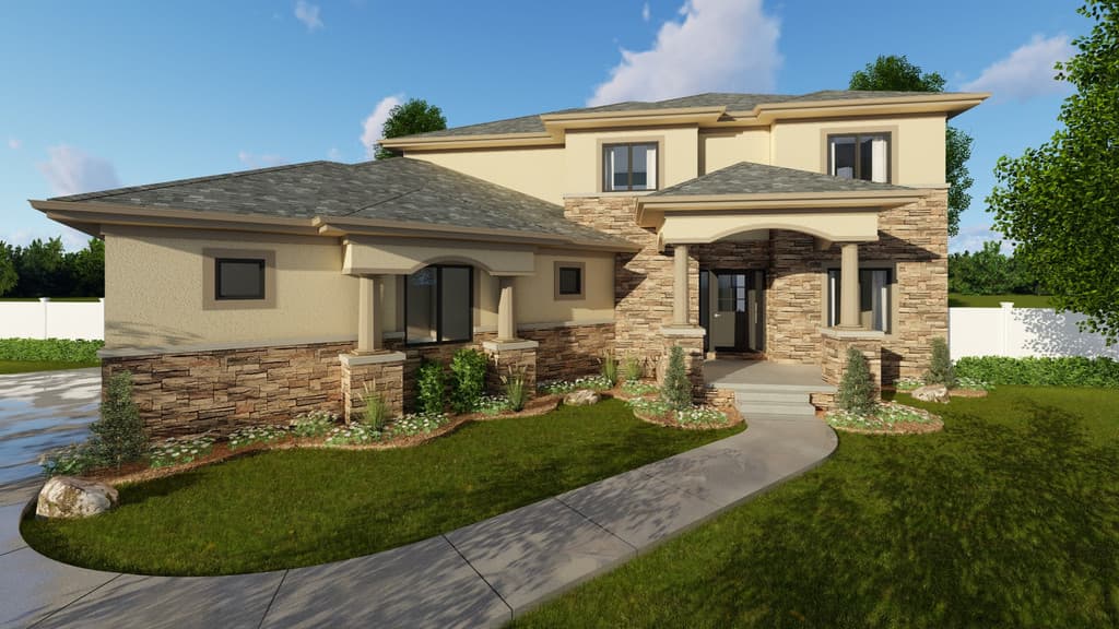 House plan exterior with stone facade, covered entry porch supported by columns, and a multi-level roofline.