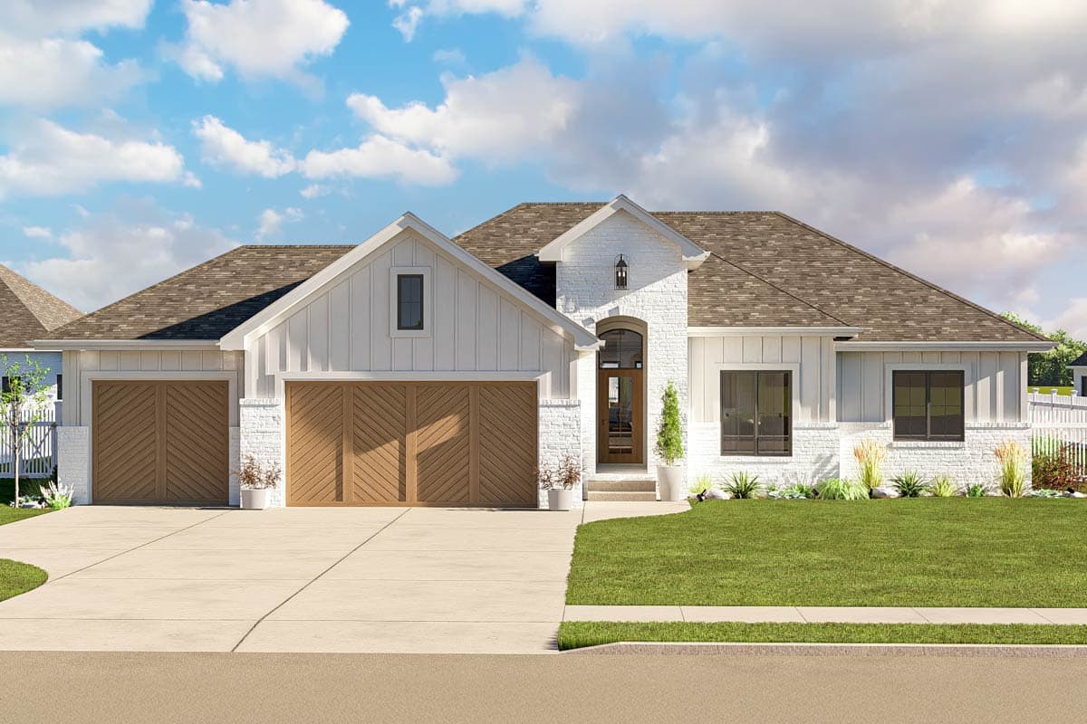 House plan exterior. Modern farmhouse style with gabled roof, two-car garage, and arched entry. Features include board and batten siding.