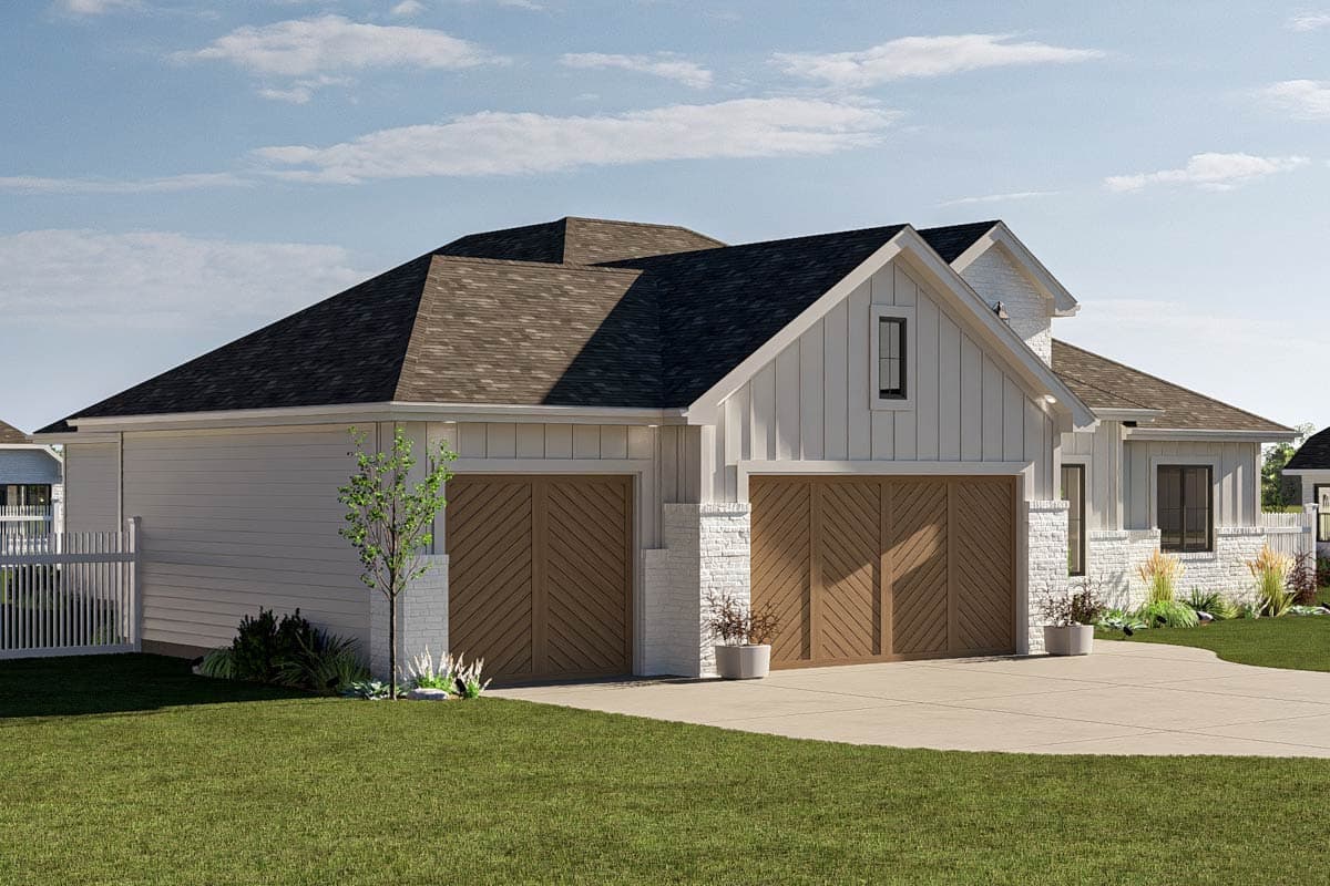 House plan exterior: Modern Farmhouse style, one story, white siding, brick accents, and a three-car garage with wood doors.