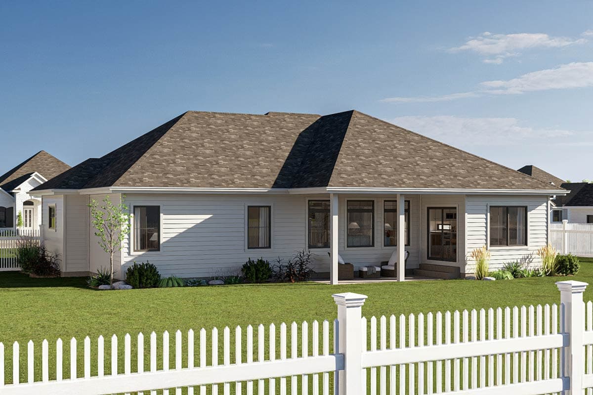 House plan exterior, single-story home with white horizontal siding, hipped roof, covered rear patio, and large windows.