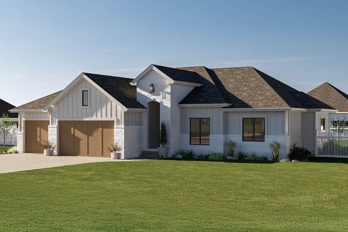 Modern Farmhouse house plan exterior with a three-car garage, white brick, board and batten siding, and arched entryway.