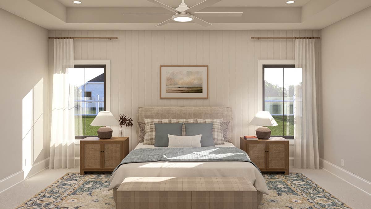 Bedroom rendering with paneled wall, tray ceiling, two windows overlooking a yard, and a queen-size bed with upholstered headboard.