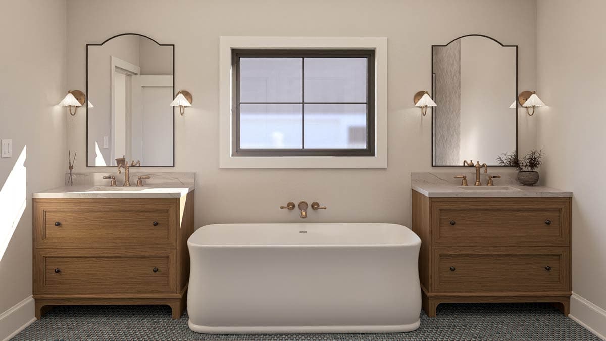 Freestanding tub centered between two wood vanities with marble countertops and arched mirrors, below a four-pane window.