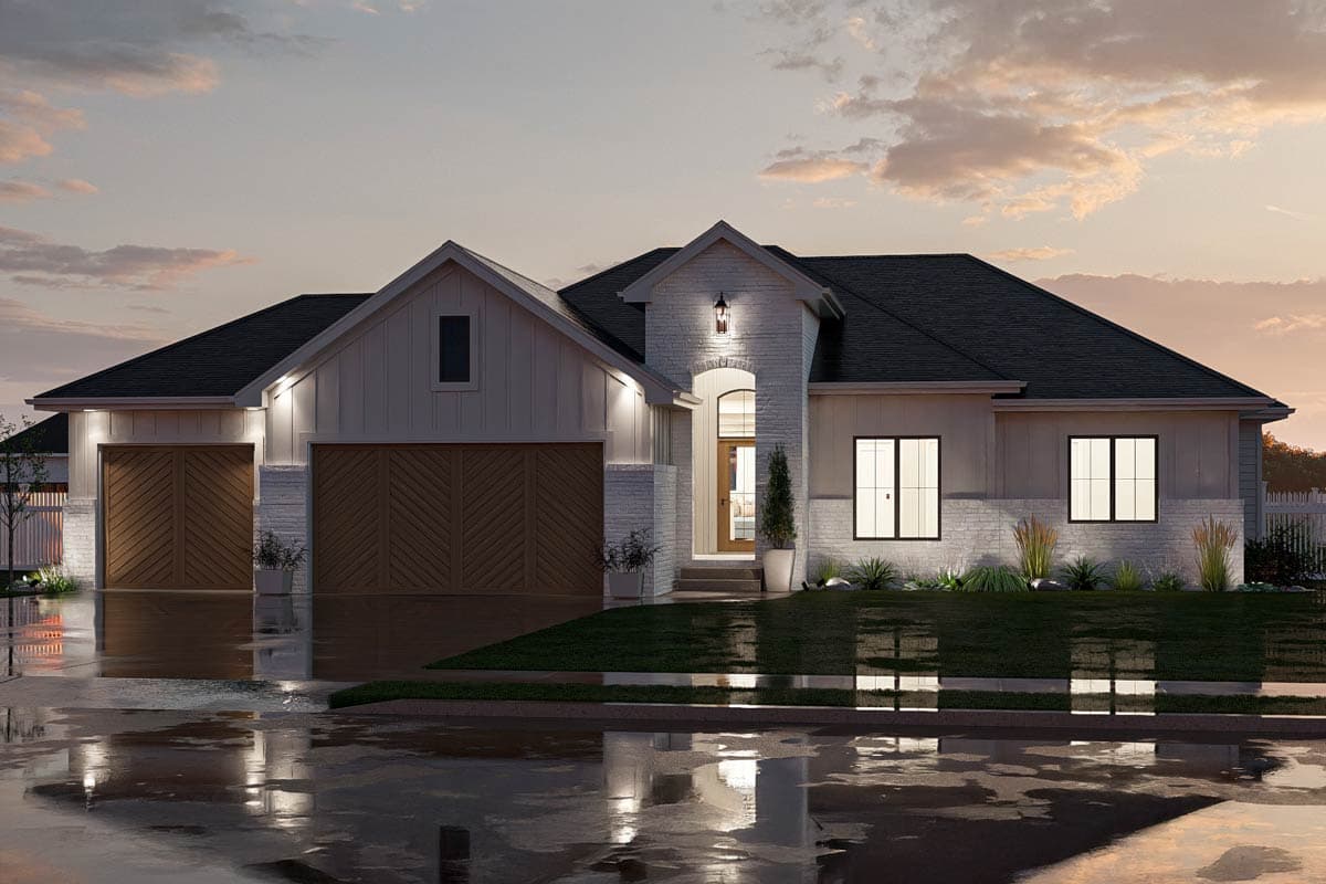 Modern Farmhouse house plan exterior with a dark roof, white brick, two garage doors, and gable dormers.