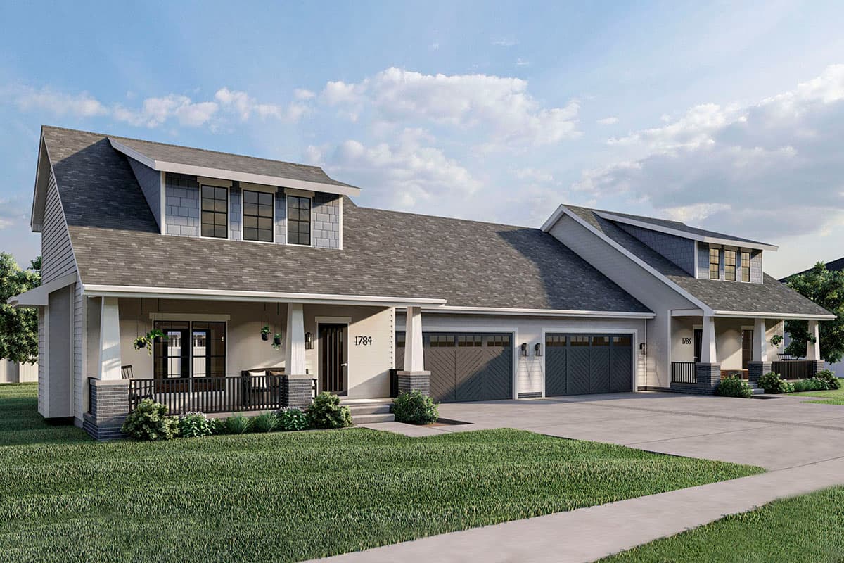 House plan exterior featuring a wide covered porch, multiple gables, dormer windows, and a three-car garage.
