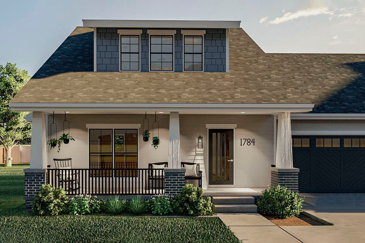 House plan exterior: Craftsman style, 1.5 stories, front porch with brick accents, dormer, and attached garage.