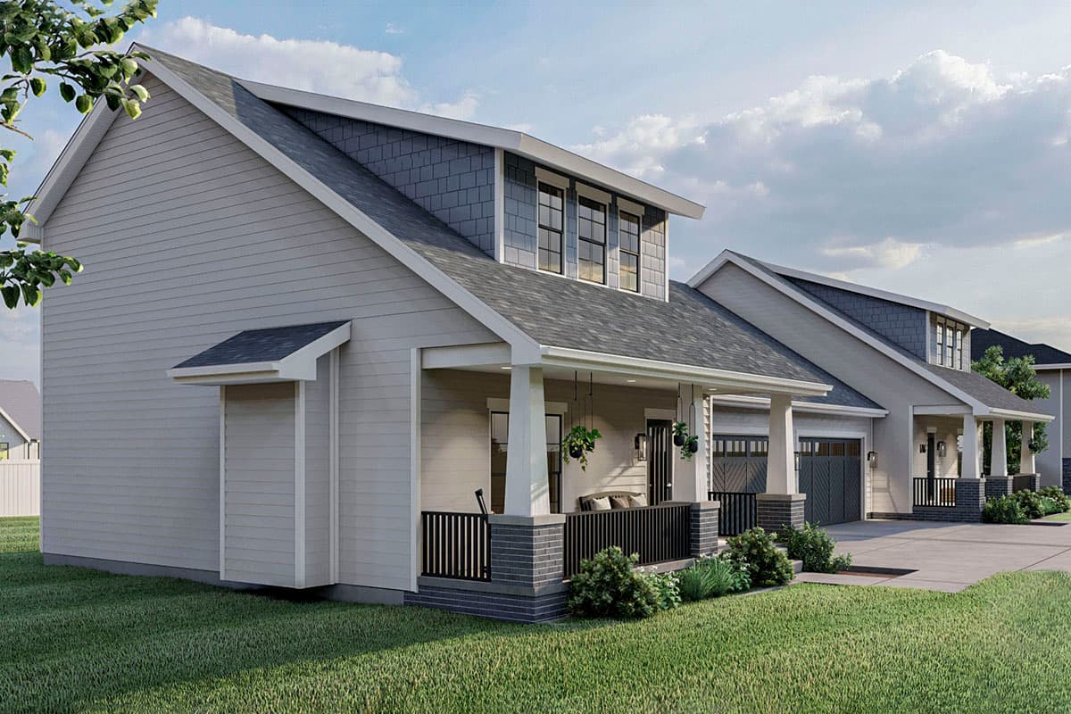 House plan exterior: Modern Farmhouse style, two stories, features a covered front porch, dormer windows, and a side-entry garage.