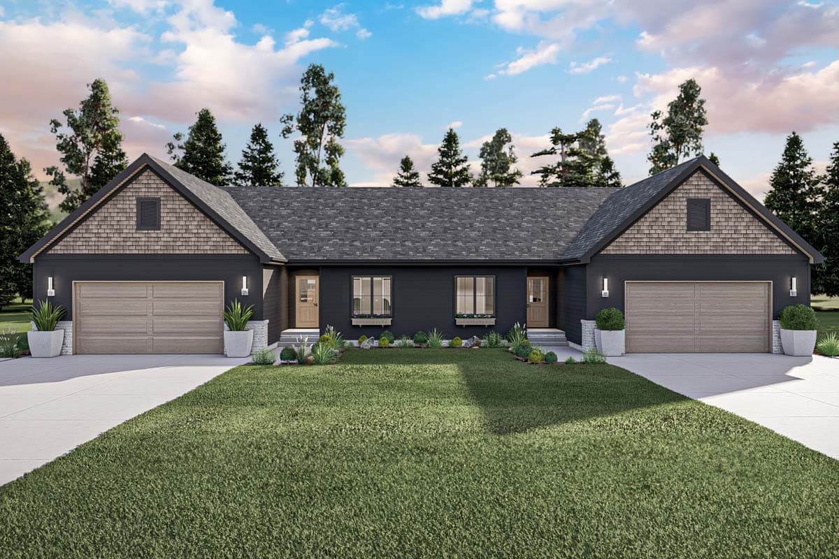 House plan exterior: single-story Modern Farmhouse with two garages, shingle-clad gables, and central window arrangement.