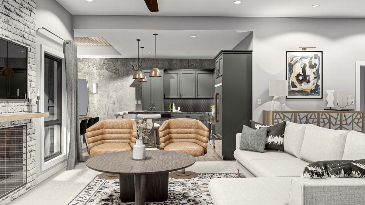 Rendering of an open-concept living area with a brick fireplace, kitchen island, and sectional sofa.