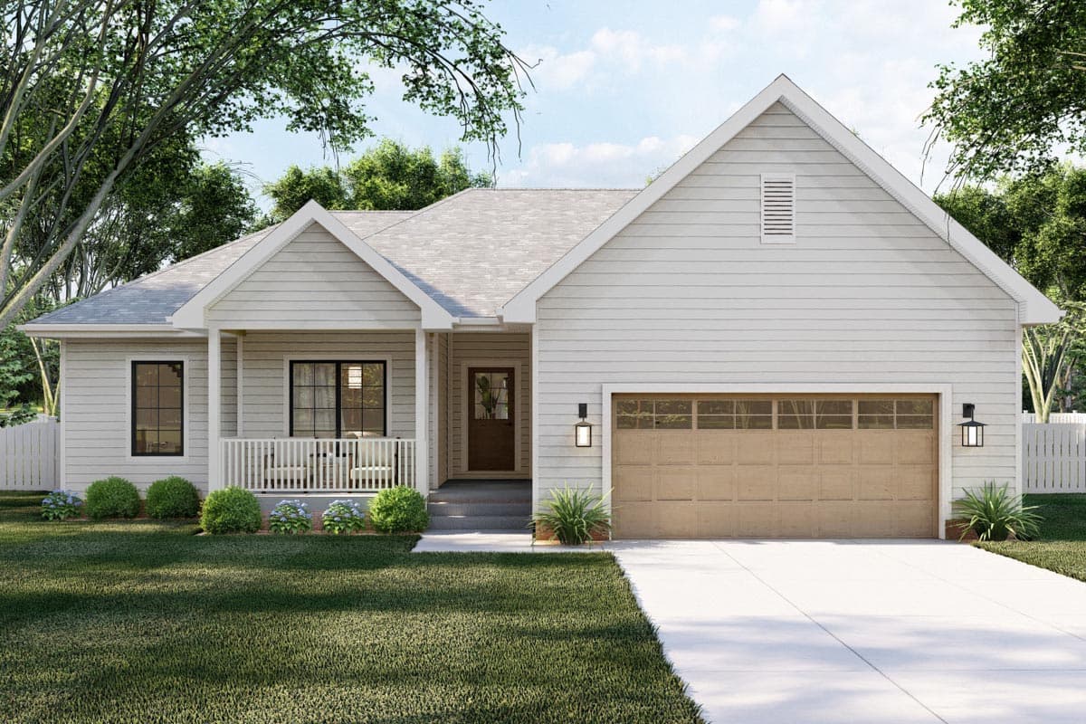 House plan exterior with Craftsman style, single story, front porch, gables, and attached garage.