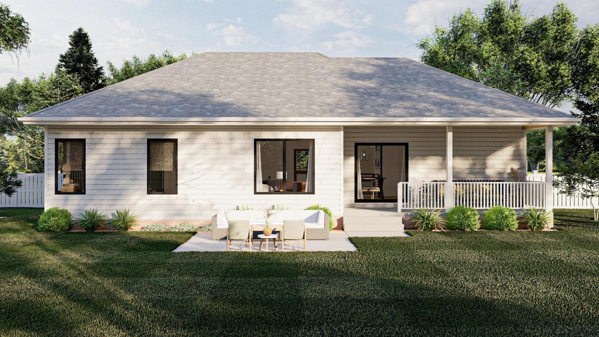 House plan exterior: one-story Ranch style with a covered porch, white railing, horizontal siding, and multiple windows.