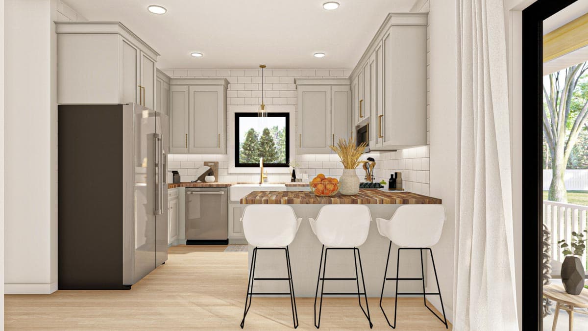 Kitchen rendering with shaker cabinets, a butcher block island with seating, subway tile backsplash, and stainless steel appliances.