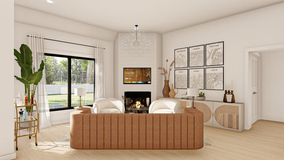 Interior rendering of a living room with a fireplace, television, large window, and sectional sofa.