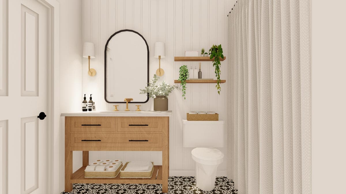 Bathroom rendering with wood vanity, arched mirror, wall sconces, and decorative floor tile.