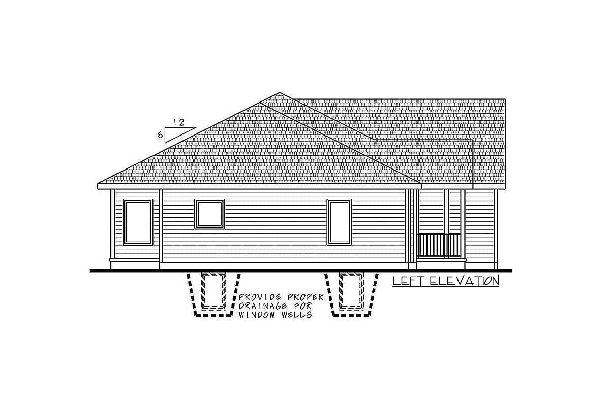 Left elevation house plan shows a single-story home with horizontal siding, gable roof, and a covered porch with railing.