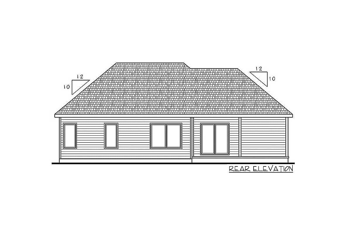 Rear elevation of a house plan, featuring a hipped roof with visible pitch markings, horizontal siding, and multiple windows.