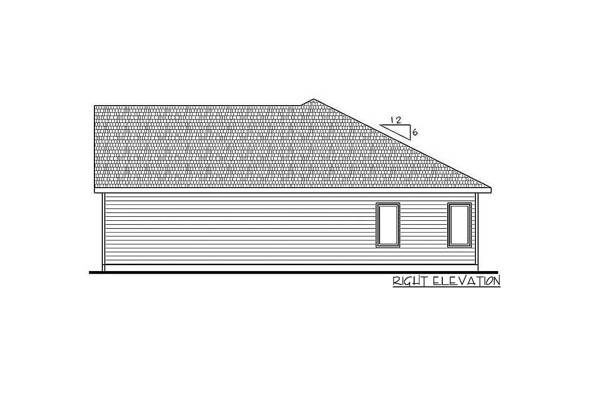 Right elevation drawing of a house plan with horizontal siding, a gable roof, and two windows.