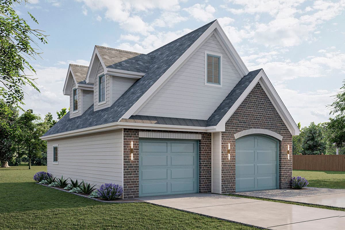 House plan exterior featuring a two-car garage, dormer windows, and mixed brick and siding.