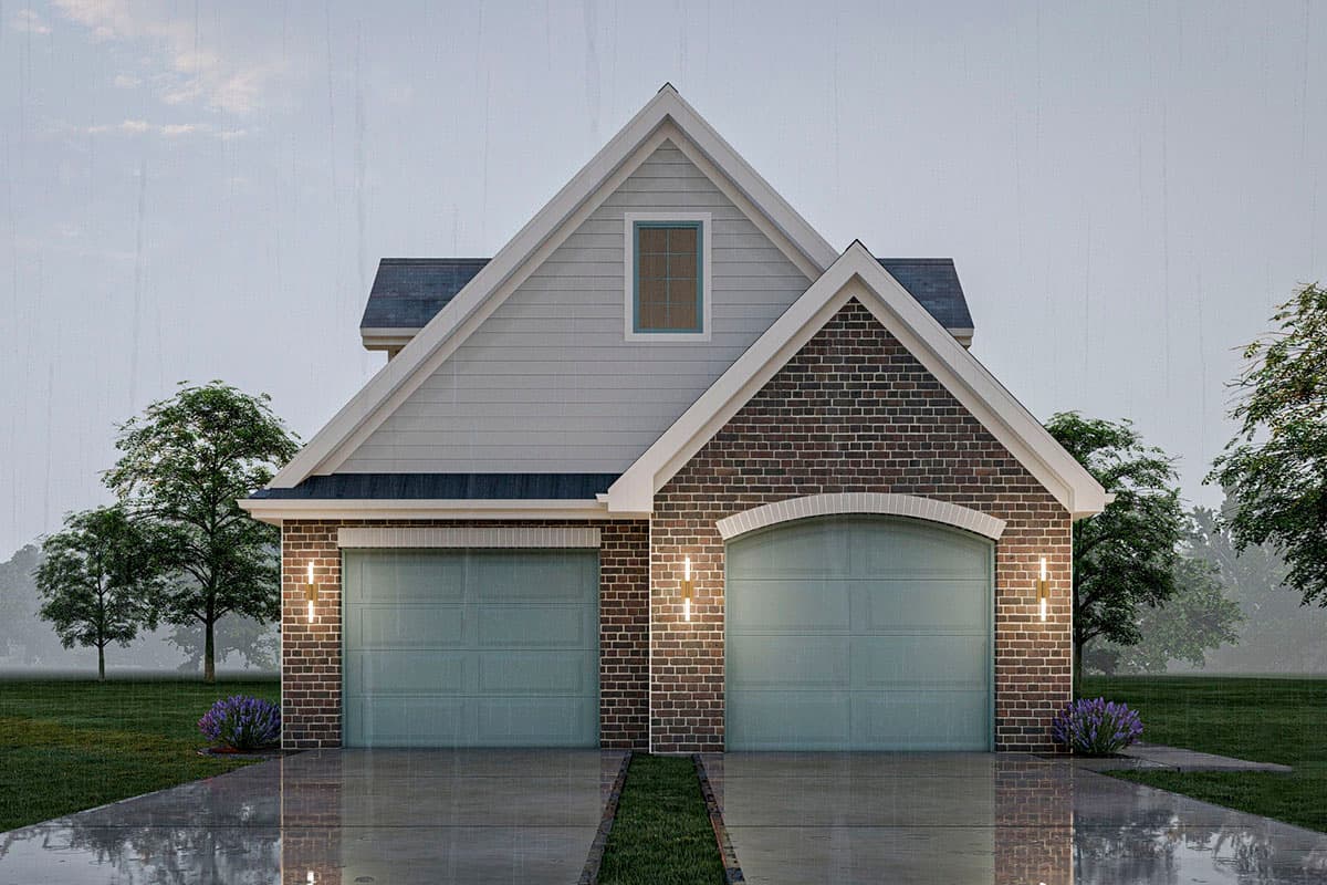 House plan exterior with two garage doors, brick lower level, gabled dormer, and clapboard siding.
