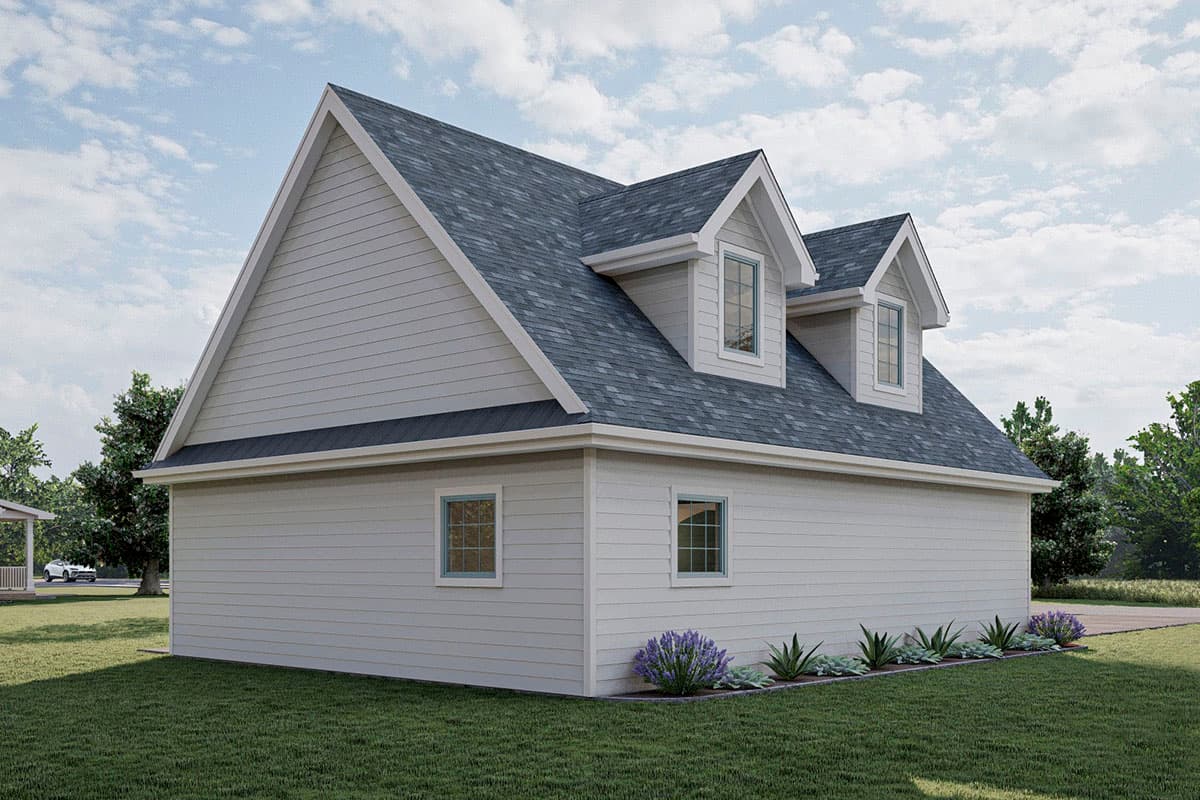 House plan exterior: two-story home with gabled roof, dormer windows, and horizontal siding.