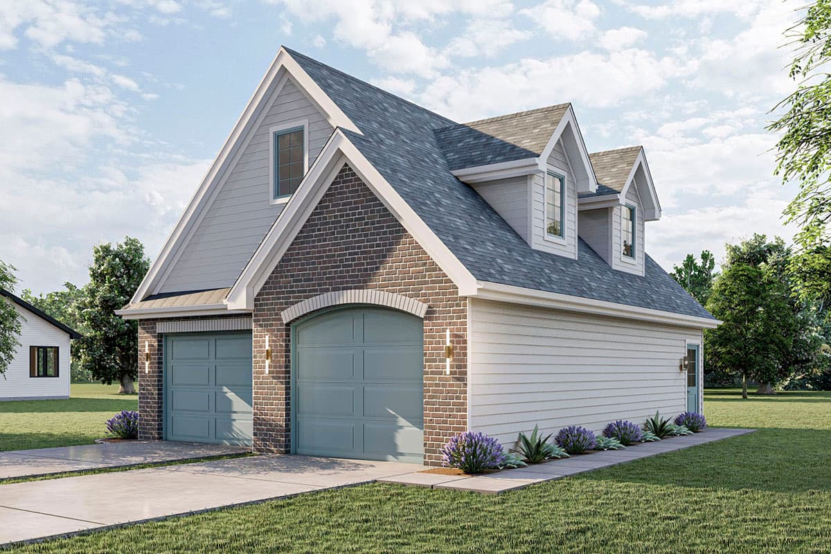 House plan exterior with a two-car garage, brick accents, gables, and dormer windows.