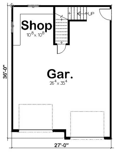 Plan 62612DJ: 2 Car Garage with Shop and Loft - Floor Plan - Main Level