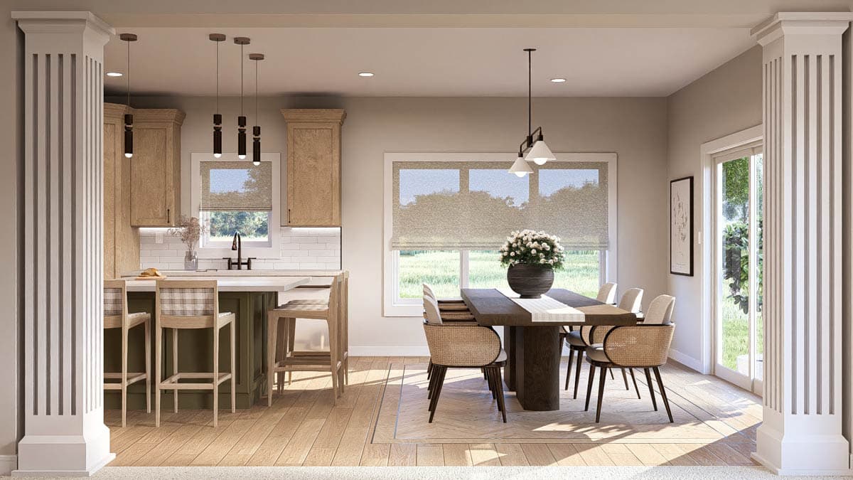 Interior rendering of an open-concept kitchen and dining area with a large island, wood cabinets, and a dining table.