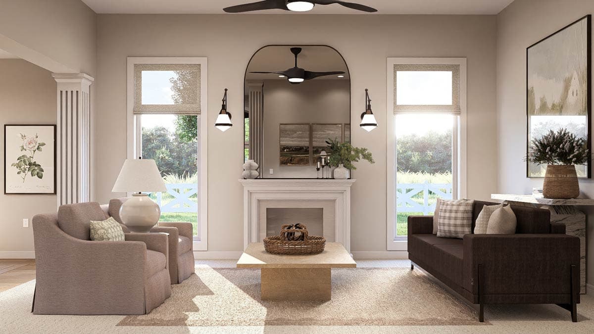 Interior rendering of a living room with fireplace, arched mirror, two windows, and two sofas. Features include ceiling fans and wall sconces.