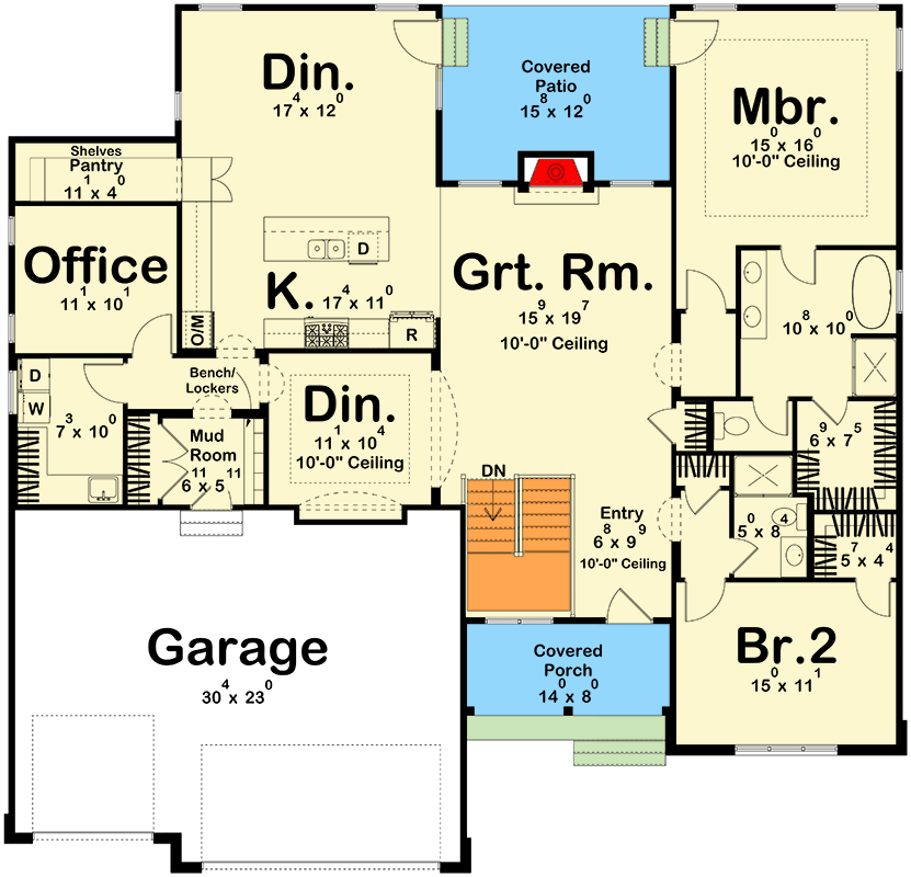 Plan 62614DJ: 2-Bed Traditional Country House Plan with Formal Dining Room and Home Office - 2164 Sq Ft - Floor Plan - Main Level - Country, Hill Country, Modern Farmhouse, Ranch, Traditional