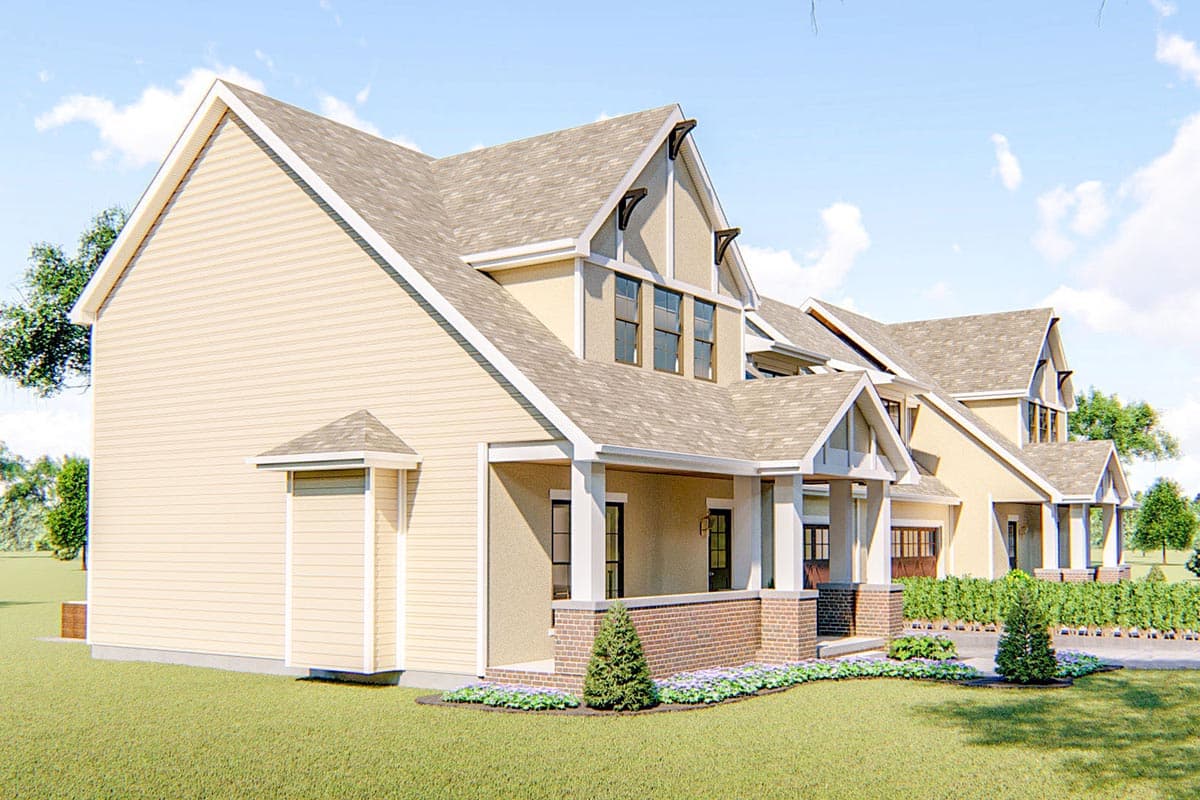House plan exterior: two-story with gabled dormers, prominent rooflines, and a covered front porch with brick accents.