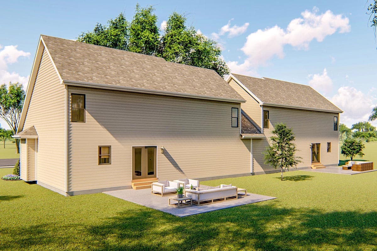 House plan exterior, two-story, beige vinyl siding, gabled roof, multiple windows, and two patio areas.