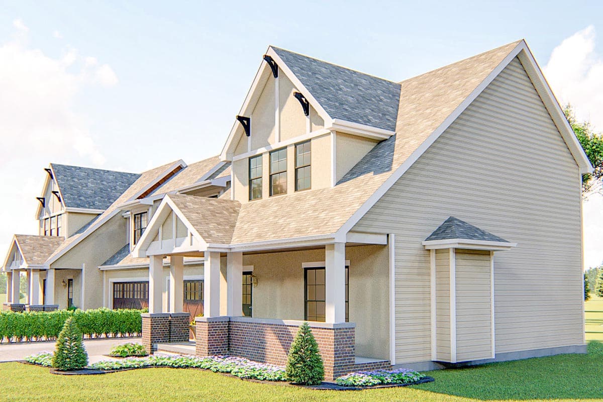 House plan exterior featuring a Modern Farmhouse style with gables, a covered porch with brick accents, and a front-facing garage.