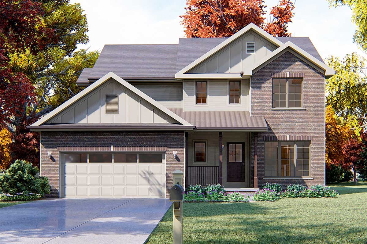 House plan exterior: two-story home with brick facade, attached garage, and prominent gables.