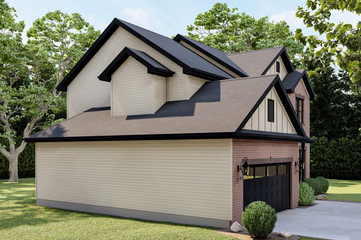 House plan exterior: Two-story home with beige siding, brick accents, dark gables, and a two-car front-facing garage.