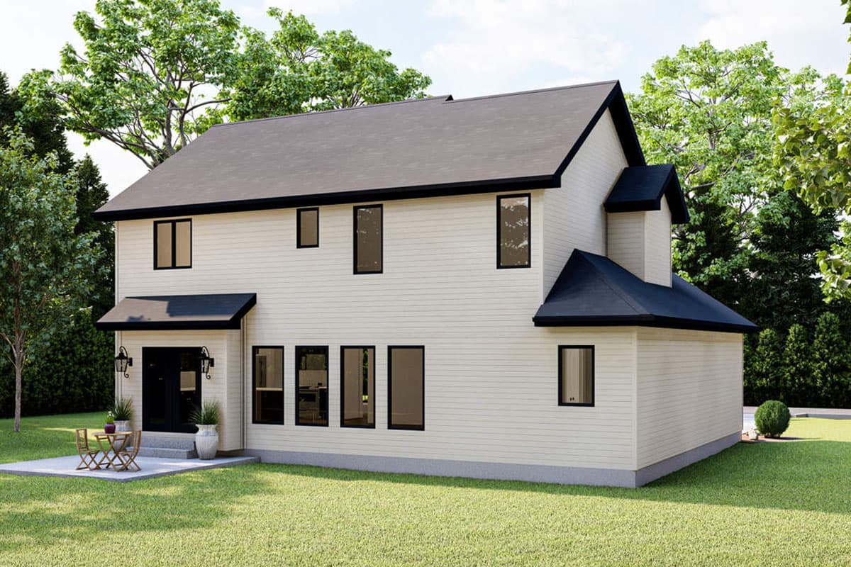 Two-story house plan exterior with beige horizontal siding, black-trimmed windows, a covered entry with glass doors, and a hip roof.