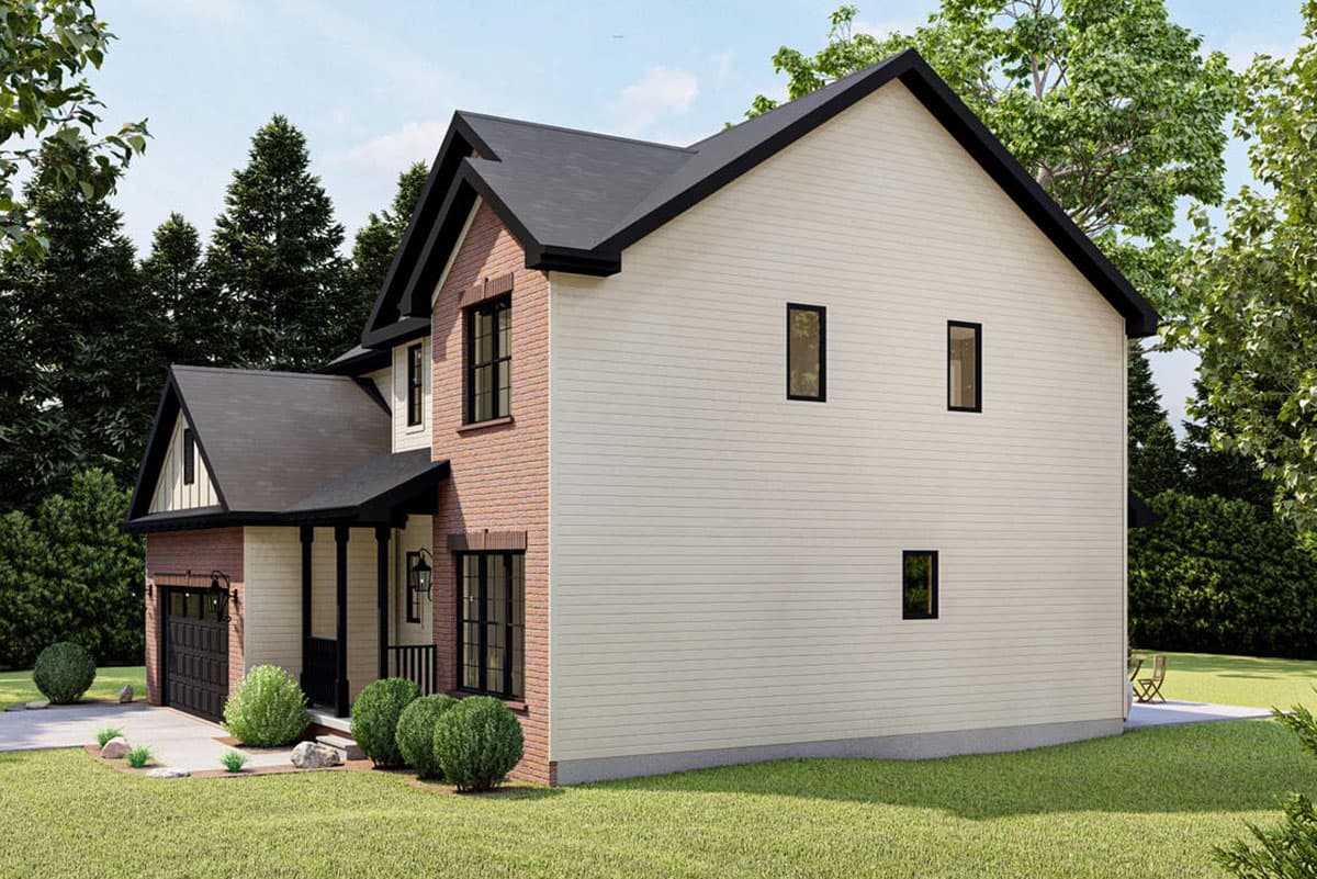 House plan exterior: two-story modern house with brick and siding, covered porch, and attached garage.