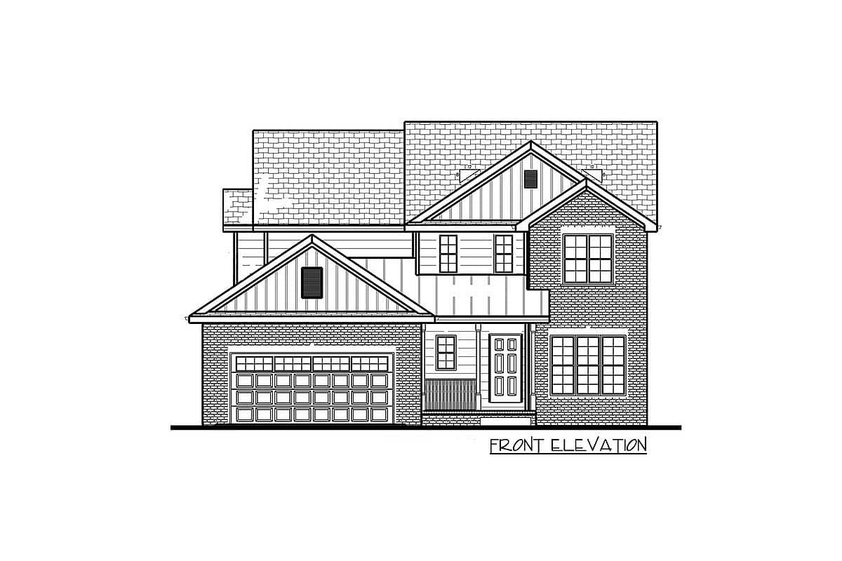 Front elevation drawing of a two-story house with brick and siding, gabled dormers, and a two-car garage.