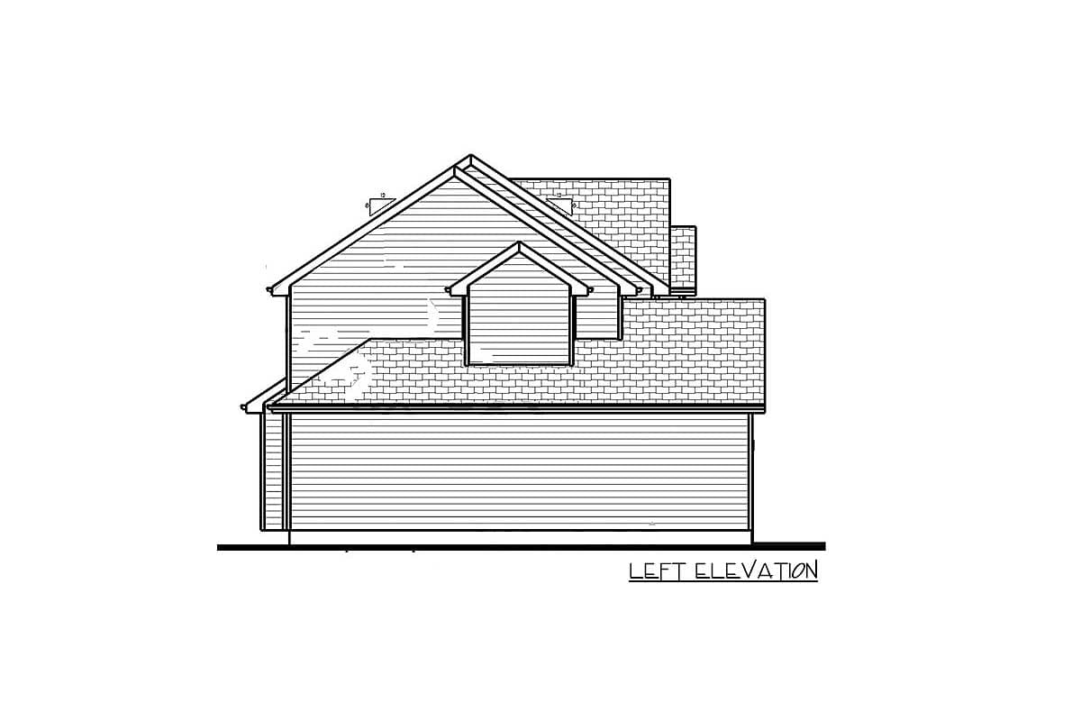 Left elevation of a house plan showing multi-level gabled rooflines and a dormer.