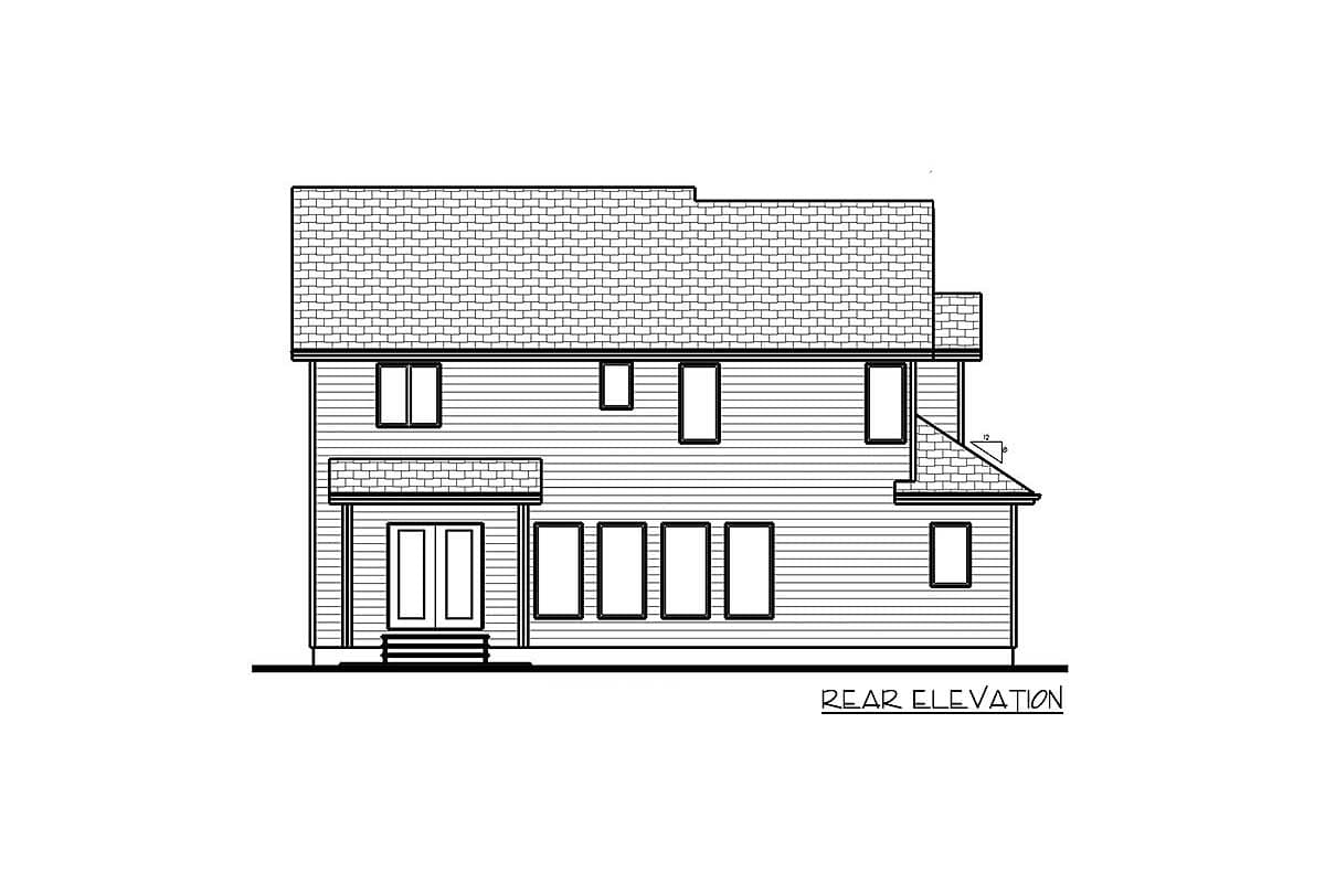 Rear elevation drawing of a two-story house with a covered entrance, multiple windows, and a gable roof.