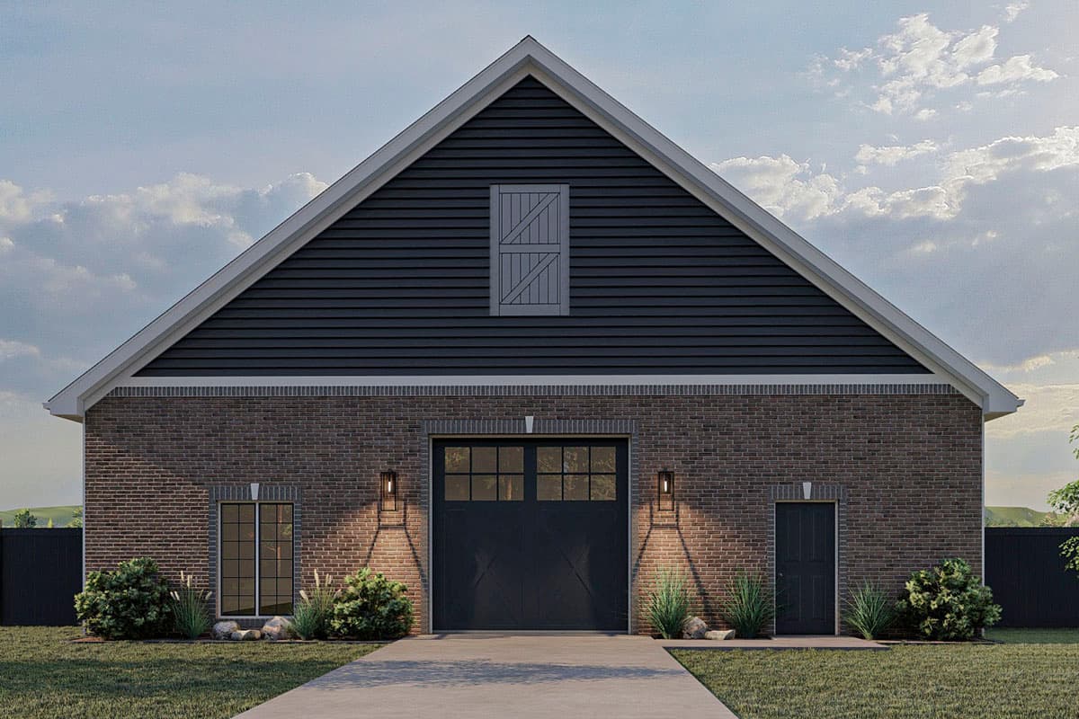 House plan exterior: Brick facade with large garage door, single side door, and a decorative gable vent.