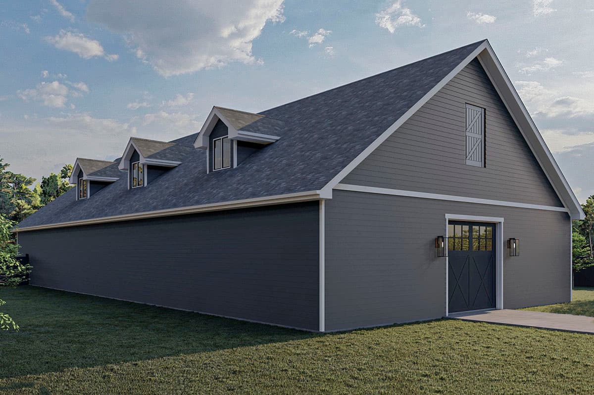 House plan exterior featuring a gambrel roof, multiple dormers, and a large barn-style garage door.