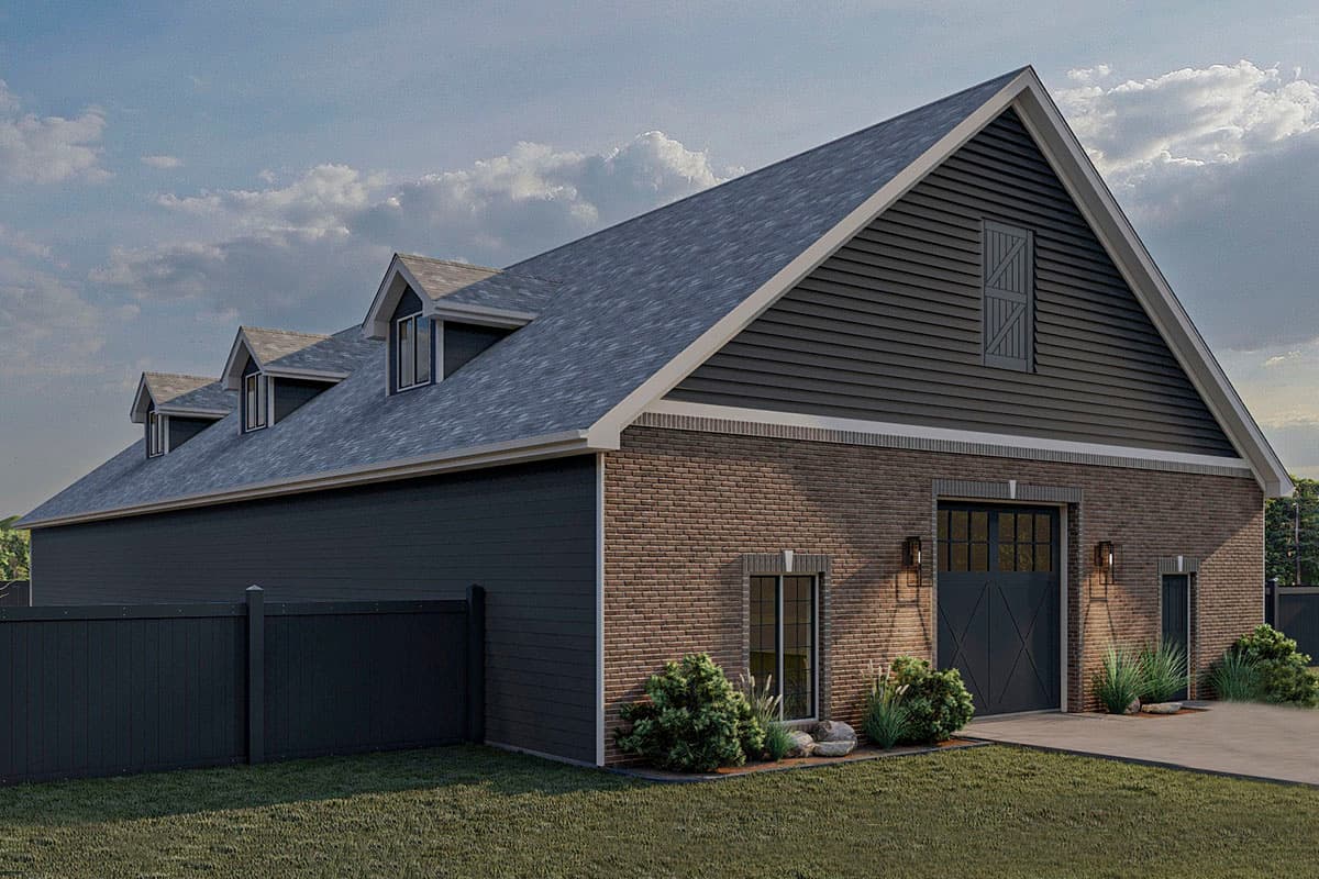 House plan exterior: Modern barn style with brick and dark siding, prominent gables, and three dormers on a gambrel roof.