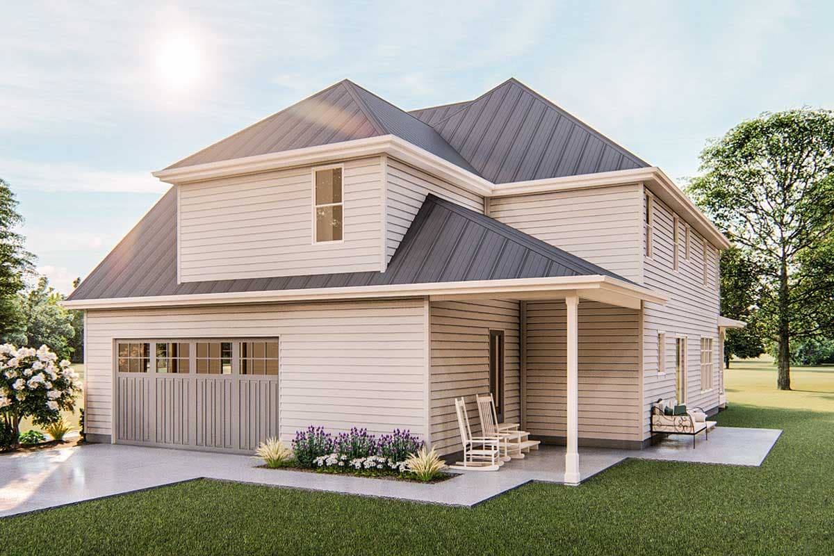 House plan exterior rendering of a two-story home with a gabled metal roof, siding, and attached garage with a wide driveway.