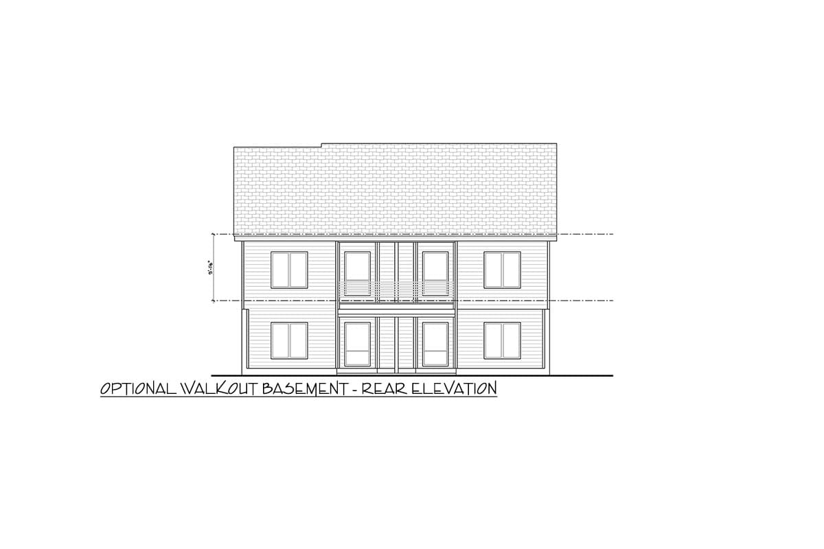 Optional walkout basement rear elevation drawing showing two stories with five windows and a balcony.