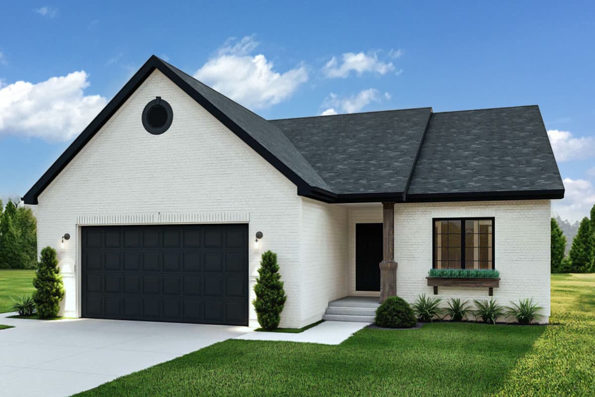 House plan exterior. One-story Ranch style with gable roof, attached garage, and a porch. Features brick facade and black trim.