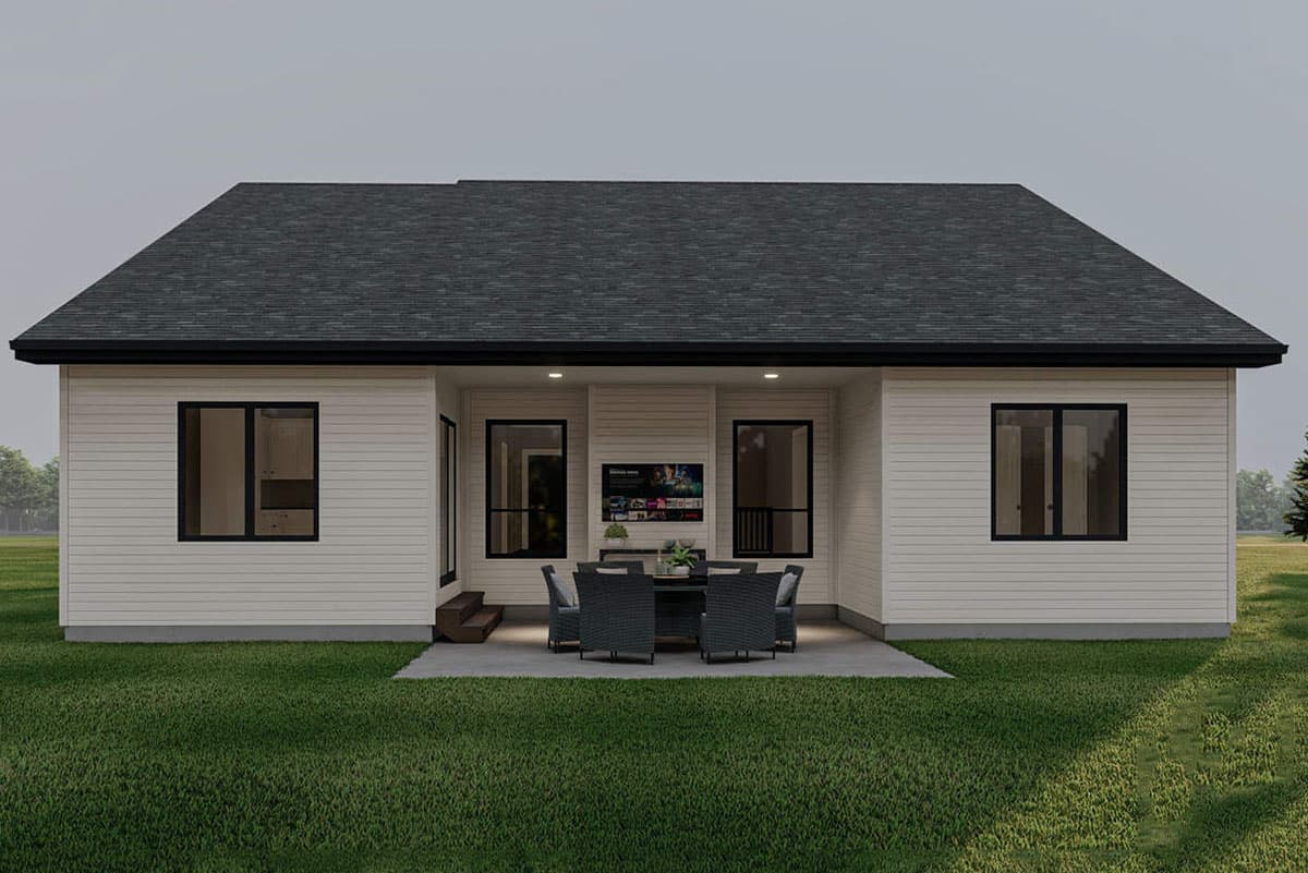 House plan exterior: single-story modern home with white horizontal siding, dark-framed windows, and a covered patio with outdoor seating.