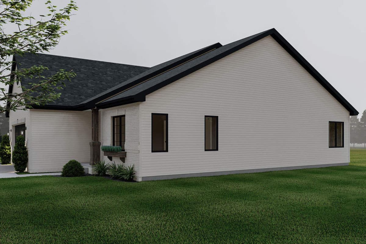 House plan exterior: Modern Farmhouse style, one-story with gabled roof, white siding, brick accents, and attached garage.