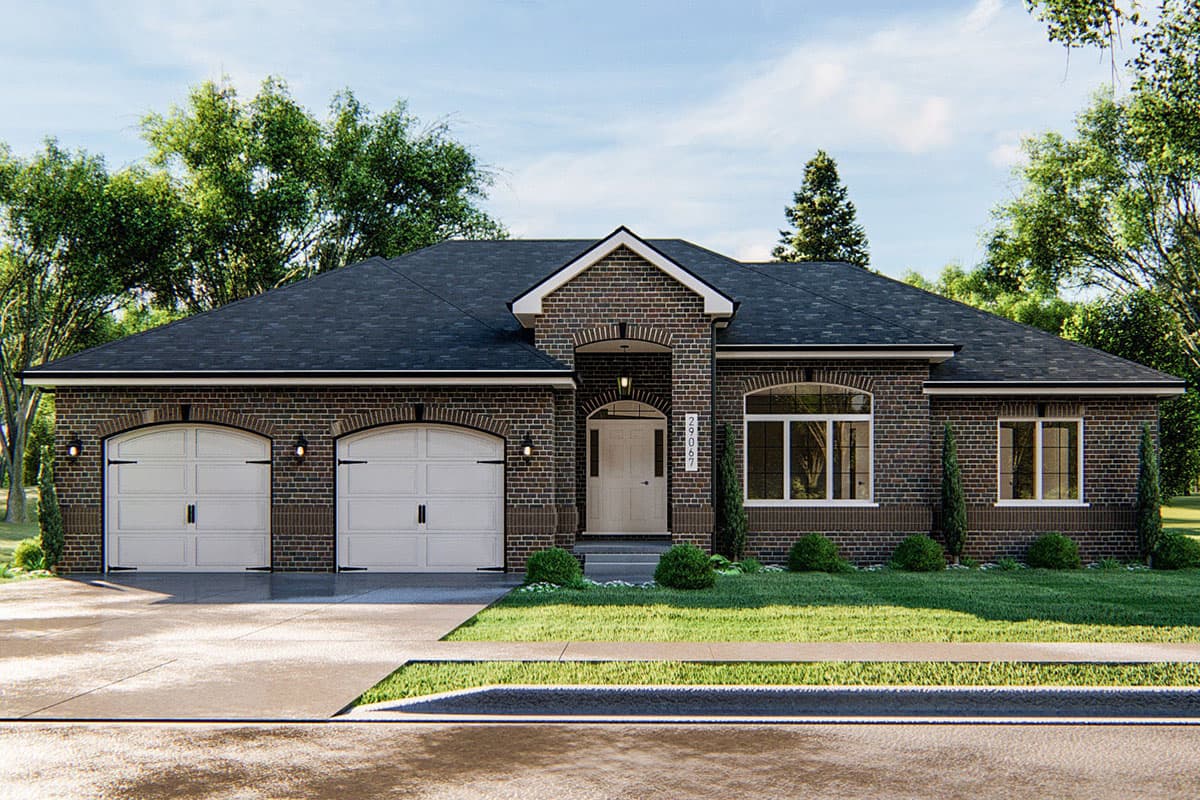 House plan exterior: One-story brick home with a prominent gable, arched entry, and a triple-bay garage.
