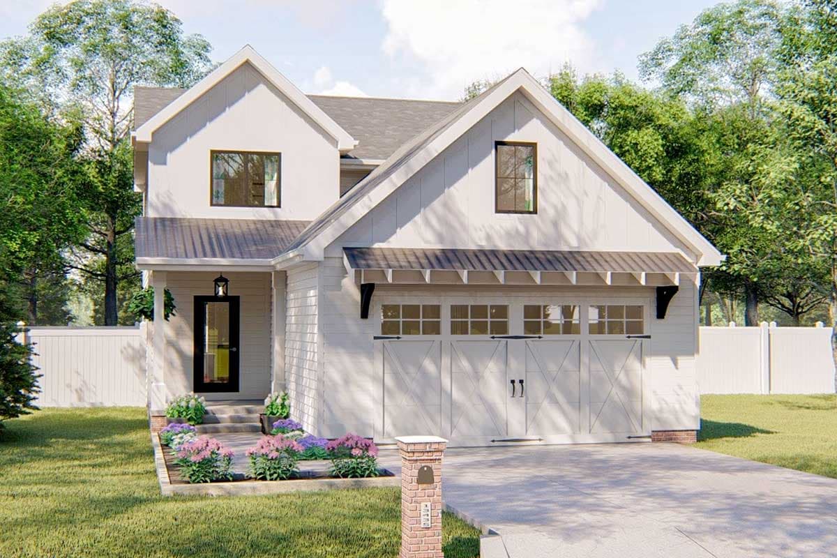 House plan exterior of a two-story Modern Farmhouse with board and batten siding, gables, and a double garage.