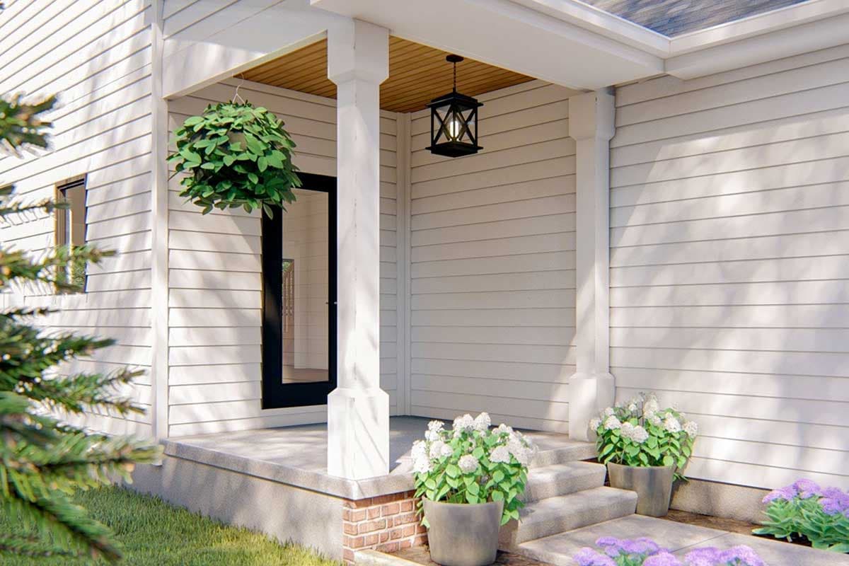 House plan exterior: Covered front porch with square columns, wood ceiling, modern lantern, and concrete steps.